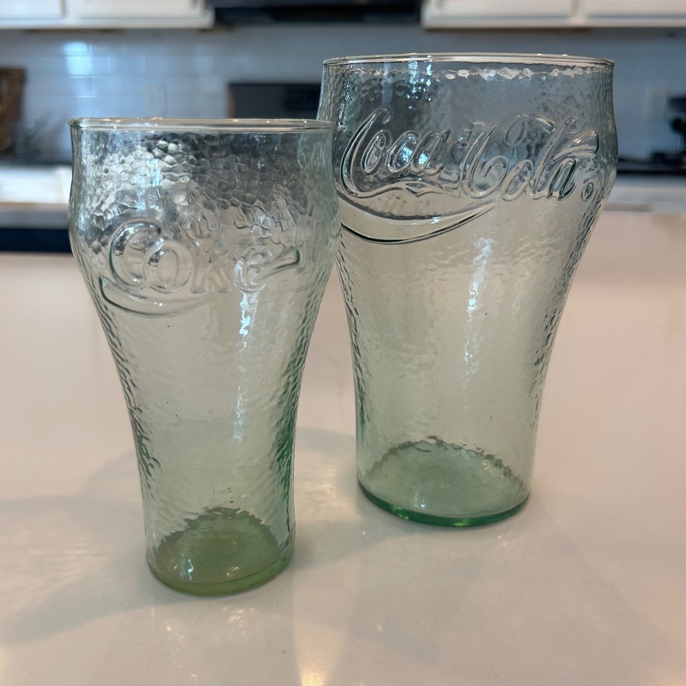 Coca-Cola 16 oz, 32 oz Drinking Glass Set Pebbled Georgia Green Bell Vintage